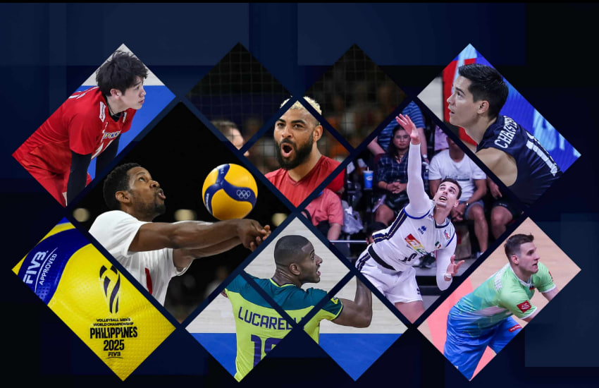 Ilustrasi pemain voli profesional melakukan spike kuat dalam pertandingan internasional