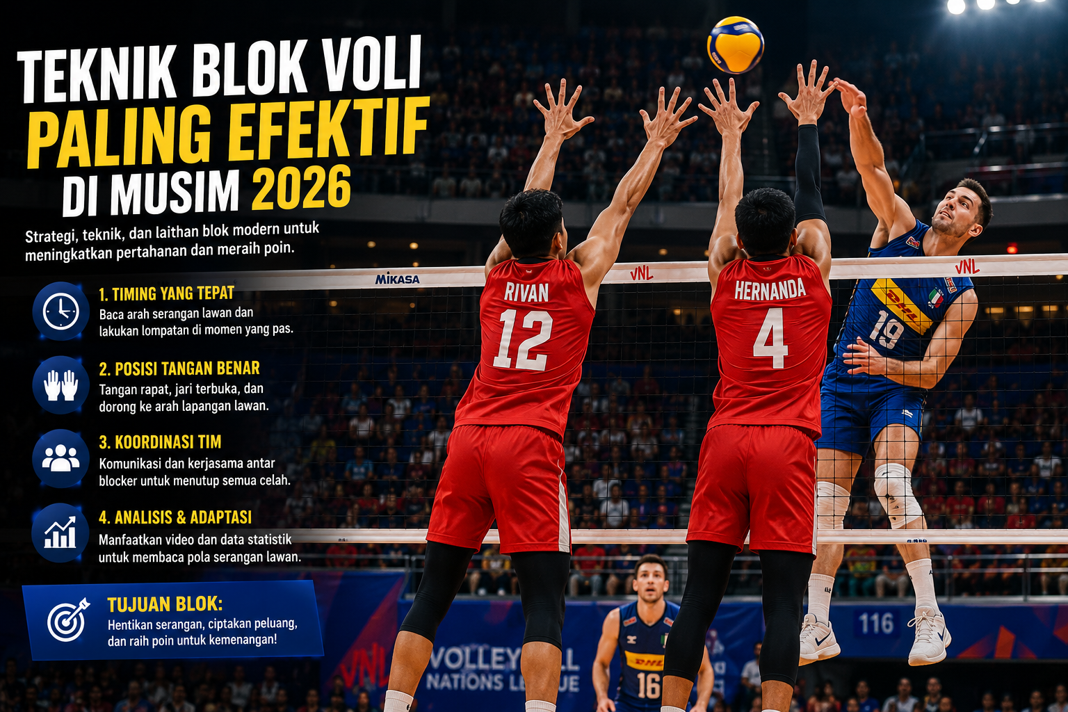 Pemain voli profesional melakukan double block saat menghadang spike lawan dalam pertandingan internasional tanpa teks.